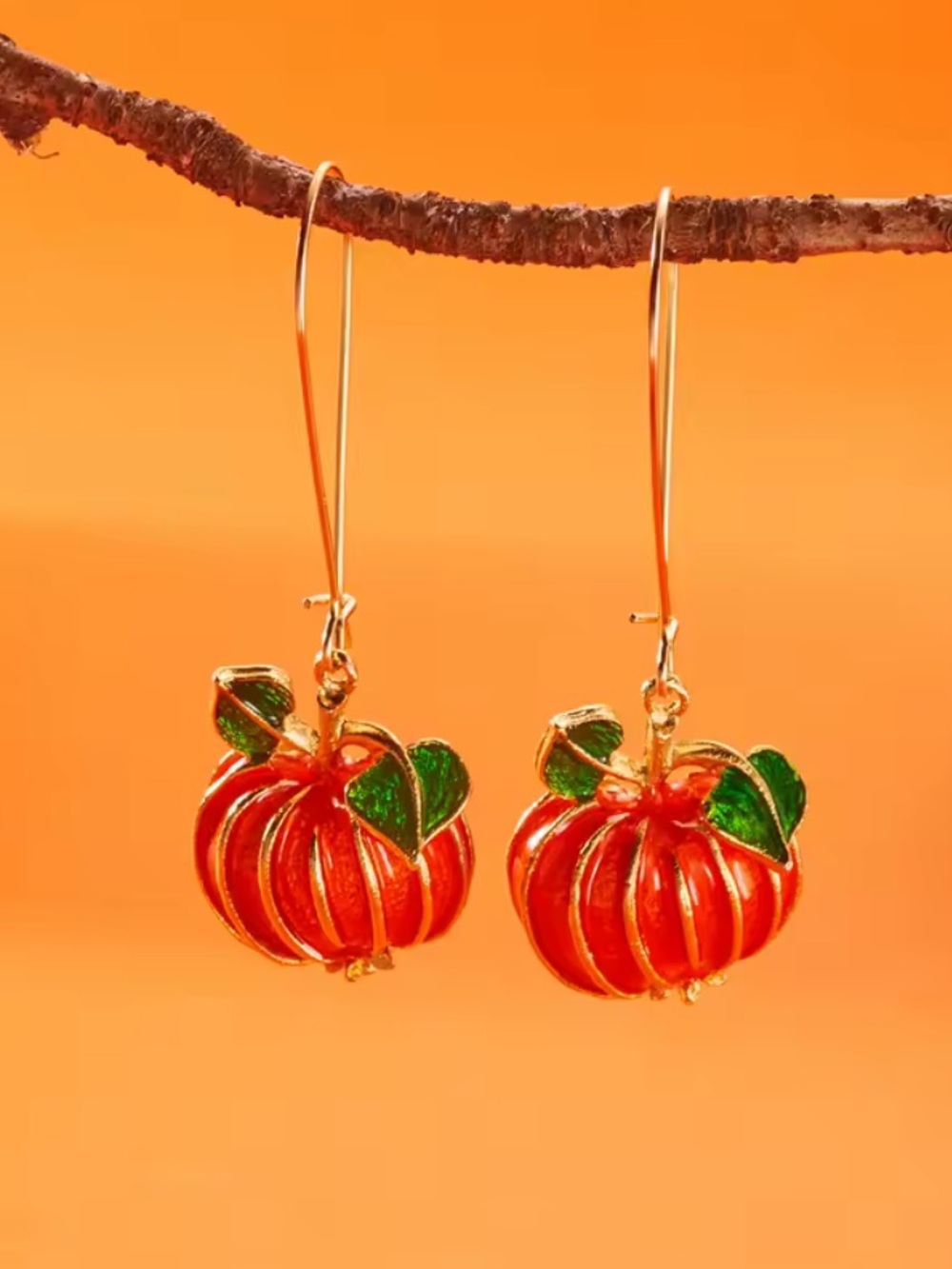 Gold-Tone Orange Pumpkin Drop Earrings with Green Leaves